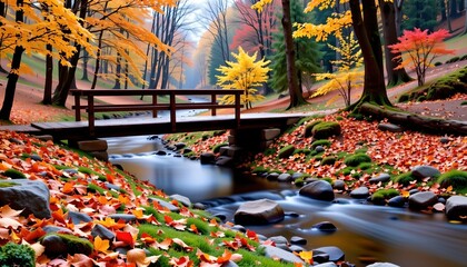 Serene Autumnal Forest with Bridge and Reflective Stream