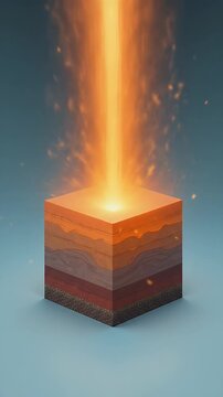 Stylized isometric soil blocks with layered strata and beam of energy animation