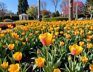 Blooming Tulip Garden Under Bright Spring