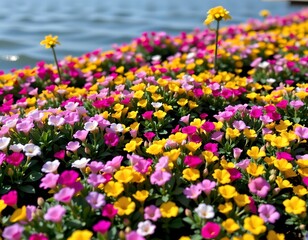 Vivid Flower Bed Reflected Serene Water Surface