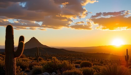 Sunset Over Desert Skyline with Silhouetted Cacti