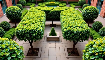 Symmetrical Garden Courtyard with Pruned Square Tree