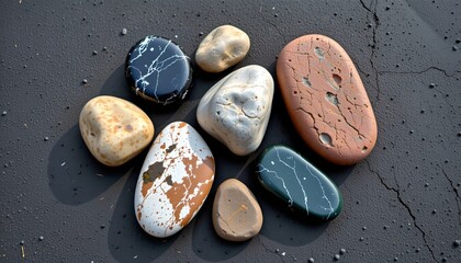 Six Varied Stones Arranged Dark Gray Surface