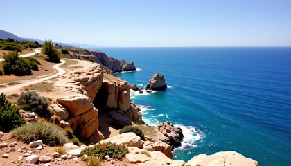 Majestic Coastal Ocean Scene with Rugged Cliffs and Clear Sky