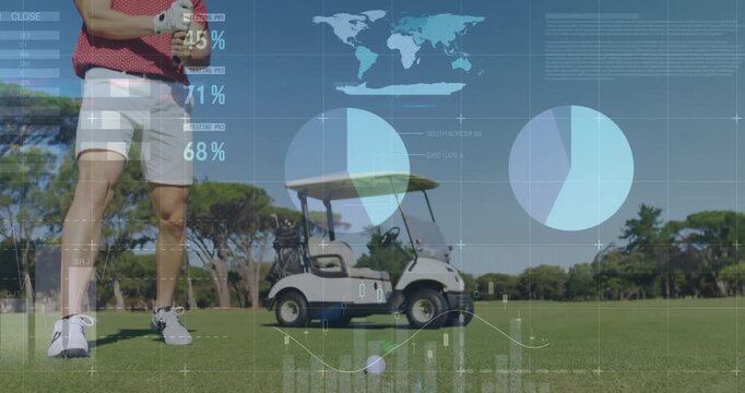 Golfer lining up putt on putting green, showing technology overlays with pie charts and bar graphs