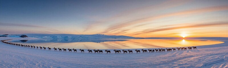 Arctic Sunset with Reindeer Herd