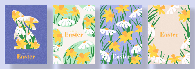 Trendy collection of Happy Easter posters. Easter vector cards with bunny, spring flowers. Holiday flyers for design of party, celebration, ads, branding, cover, card, sale, event.