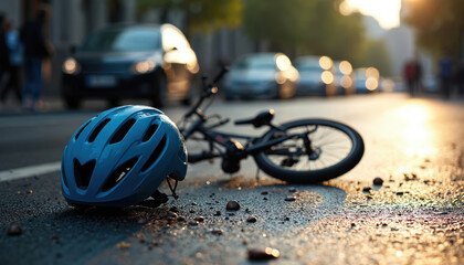 A blue helmet lies on wet city asphalt next to a fallen bicycle after a crash. Cars and blurred pedestrians are visible in the background during sunset.