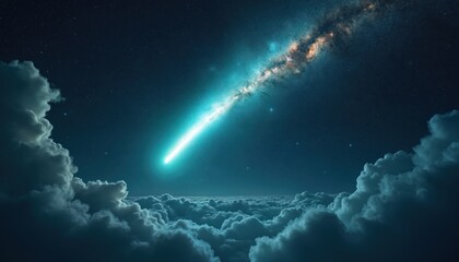 Fantastic shot of a bright comet in dark night sky with milky way above clouds. Celestial event like meteor shower or asteroid flight for calendar, book cover or space blog.