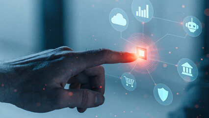 Man's hand touching holographic interface with finger, futuristic technology