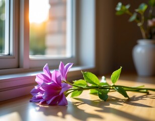 Serene Indoor Scene with Purple Flowers Soft Natural Light