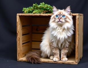 White Cat with Blue Eyes Sitting Wooden Crate