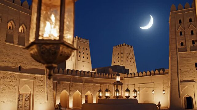 Diriyah at Night with Crescent Moon and Ramadan Lanterns Illuminating Historic Architecture