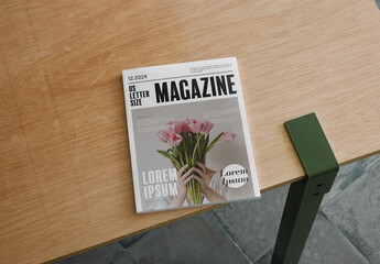 Mockup Of Us Letter Magazine With Customized Front Cover On Table