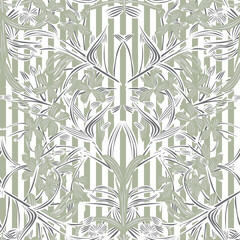 Striped Khaki Green Botanical Floral seamless pattern design