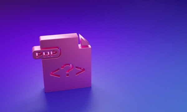 Pink PHP file document. Download php button icon isolated on purple-blue background. PHP file symbol. Minimalism concept. 3D render illustration