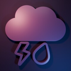 Purple Cloud with rain and lightning icon isolated on purple-blue background. Rain cloud precipitation with rain drops.Weather icon of storm. Minimalism concept. 3D render illustration