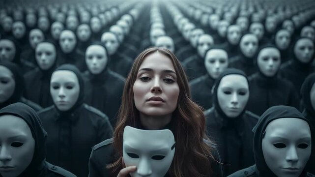 Woman standing among masked figures holding white face mask in large uniform crowd scene