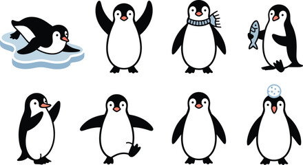 Obraz premium Set of Eight Cute Penguin Illustrations in Different Poses and Activities for Winter Themes