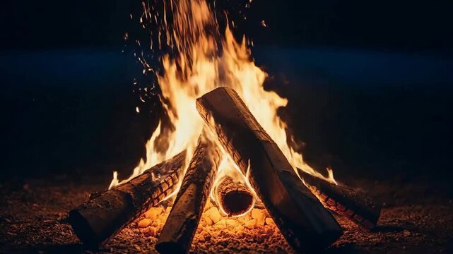 Warm campfire burning brightly with glowing embers and dancing flames at night.