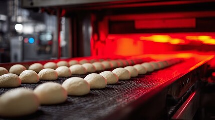 Rows of dough balls on a conveyor belt, illuminated by red oven light. Ready for baking perfection! Manufacturing process shown in an industrial bakery setting.