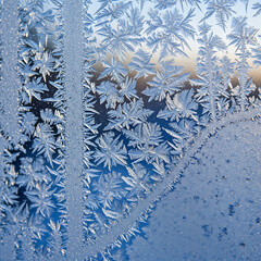 Intricate frost patterns forming delicate crystalline structures on a window pane, with a soft, blurred background suggesting a cold winter morning.
