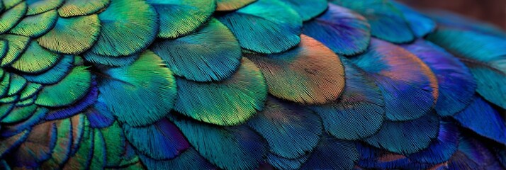 Peacock feathers are arranged to create a colorful pattern with bright hues and clear lighting in a studio setting