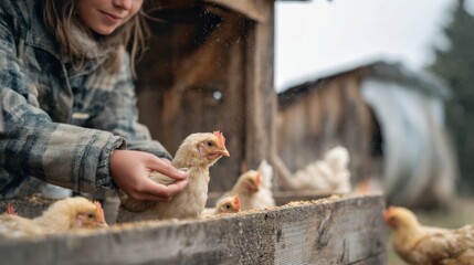 Young female farmer gently caring for free-range chickens on an eco-friendly farm, showcasing sustainable practices and rural lifestyle