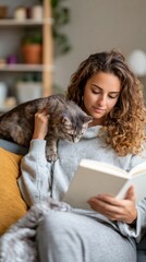 Woman reading a book on the couch with her cat perched on her shoulder, showcasing a cozy domestic lifestyle and companionship moments