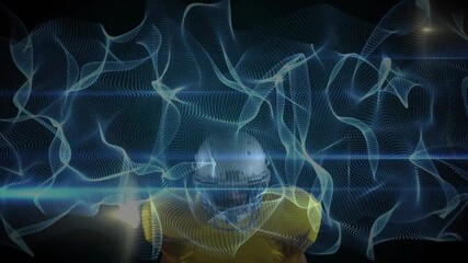 Tech mesh intensifying and revealing male athlete breaking through data waves and extending arms