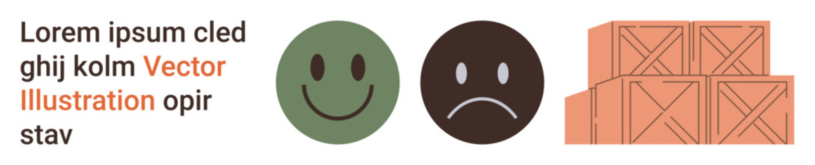 Fototapeta premium Customer satisfaction, supply chain, logistics, delivery services, emotions, workflow optimization. Green happy and brown sad face with stacked wooden crates. Customer satisfaction and logistics