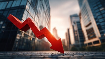 A large red arrow pointing downwards in an urban environment, suggesting an economic downturn or negative trend. The arrow is set against the backdrop of tall buildings and cityscape.