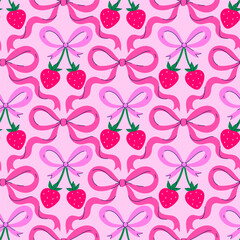 Seamless pattern with bows and strawberries. Vector graphics.