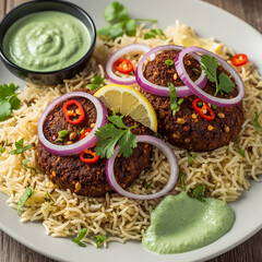 Delicious Middle Eastern or South Asian style patties served on a bed of aromatic rice with fresh garnishes and a vibrant green sauce.