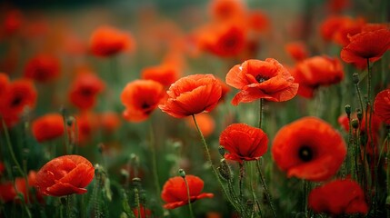 Fototapeta premium A vibrant patch of red wild poppies swaying gently in a sunlit meadow, showcasing nature's delicate beauty.