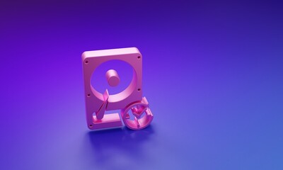Pink Hard disk drive with clockwise sign, data recovery icon isolated on purple-blue background. Minimalism concept. 3D render illustration