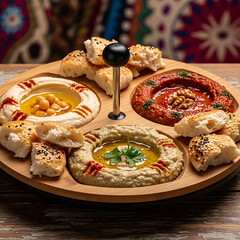 A wooden platter filled with various Middle Eastern dips like hummus, muhammara, and baba ghanoush, served with fresh bread.