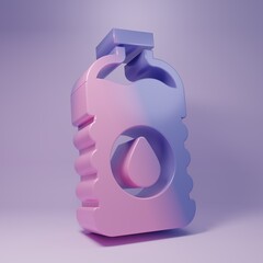 Purple Bottle of water icon isolated on purple background. Soda aqua drink sign. Minimalism concept. 3D render illustration