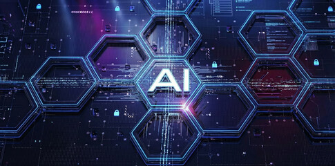 Abstract background with hexagons and glowing ai letters.