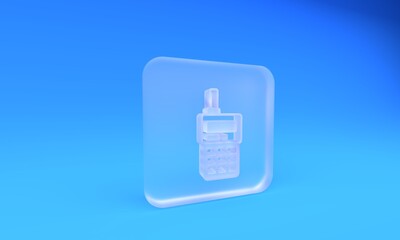 Frosted glass Walkie talkie icon isolated on blue background. Portable radio transmitter icon. Radio transceiver sign. Square frosted glass button. 3D render illustration
