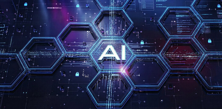 Abstract background with hexagons and glowing ai letters. - Powered by Adobe