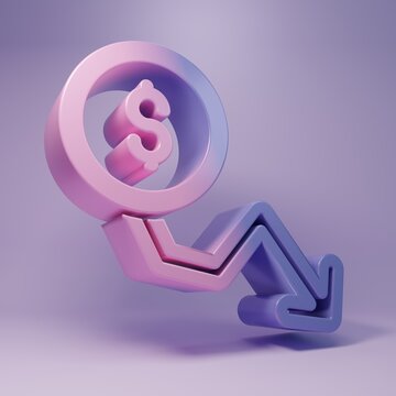 Purple Dollar rate decrease icon isolated on purple background. Cost reduction. Money symbol with down arrow. Business lost crisis decrease. Minimalism concept. 3D render illustration