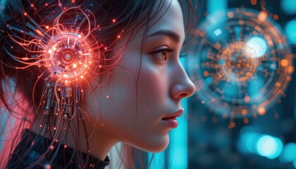 Woman Connected To Neural Interface Wires With Floating Digital Energy Circle