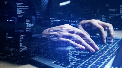Close-up of programmer typing on laptop with virtual code and digital interface overlay. Ideal for cybersecurity, coding, and software development themes. Technology background concept - Powered by Adobe