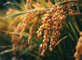 Fototapeta premium Golden rice grains hang delicately from lush green stalks, ready for harvest under a warm sun Generative AI