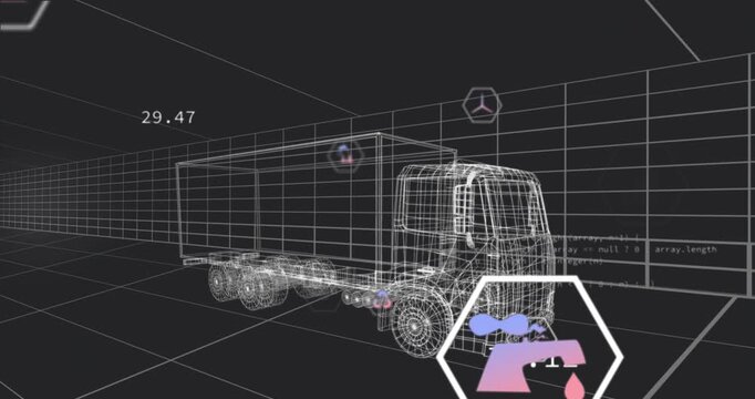 Grid activating truck icons fading and numbers appearing, droplet and CO2 growing for emissions