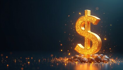 Gold dollar sign sparkles with fiery effects on dark background. Visual represents finance success wealth growth profit. Ideal for business tech investment and market themes.