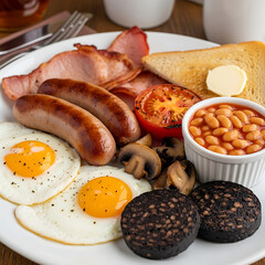 A hearty full English breakfast served on a white plate, featuring fried eggs, crispy bacon, sausages, baked beans, toast with butter, grilled tomato, mushrooms, and black pudding.