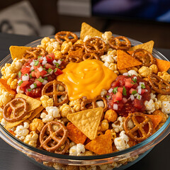 A large clear bowl filled with a variety of party snacks including popcorn, pretzels, tortilla chips, cheese sauce, and fresh salsa.