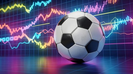 Soccer ball in front of dynamic financial charts representing sports betting and investment growth